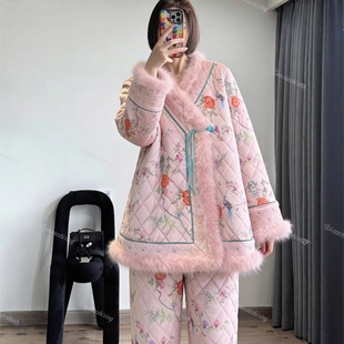亮片绣花印花三层加厚夹棉睡衣两件套宽松加绒家居服套装 冬新