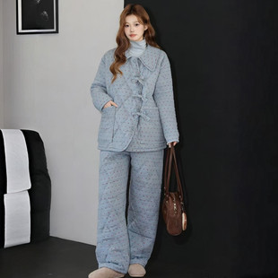 睡衣女三层夹棉袄家居服加厚加绒套装 田园森系风冬季 夹棉特厚