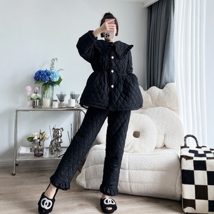 pinkgrape冬季 甜美加厚珊瑚绒外穿家居服 三层夹棉女睡衣黑色韩版