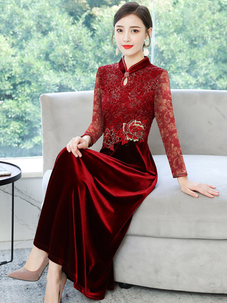 改良版旗袍秋装2020年新款婚礼妈妈礼服喜婆婆婚宴装金丝绒连衣裙