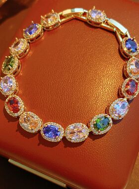 彩色锆石手链女小众椭圆形卡扣手链女高级感轻奢手环复古气质手饰