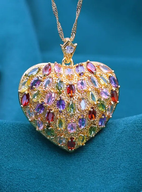 新款时尚项链优气质复古风法式女轻奢彩色锆石项链饰品锁骨链吊坠