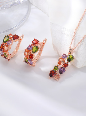 新款耳环优雅气质复古女轻奢彩色锆石锁骨链吊坠耳钉两件套装饰品