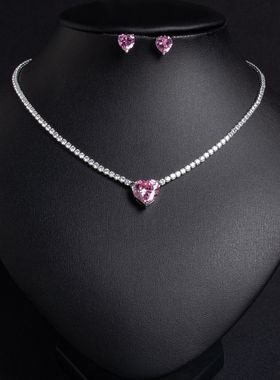 新娘时尚项链耳钉套装气质礼服配饰法式女轻奢粉色锆石耳饰锁骨链