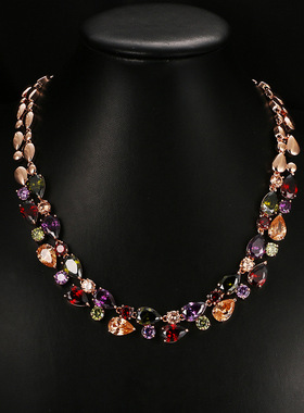 奢华锆石七彩水晶项链耳环套装婚纱礼服宴会高级女长配饰锁骨项链