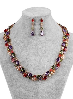 女锆石七彩项链耳环套装水晶超闪婚纱晚礼服新娘结婚宴会首饰耳坠