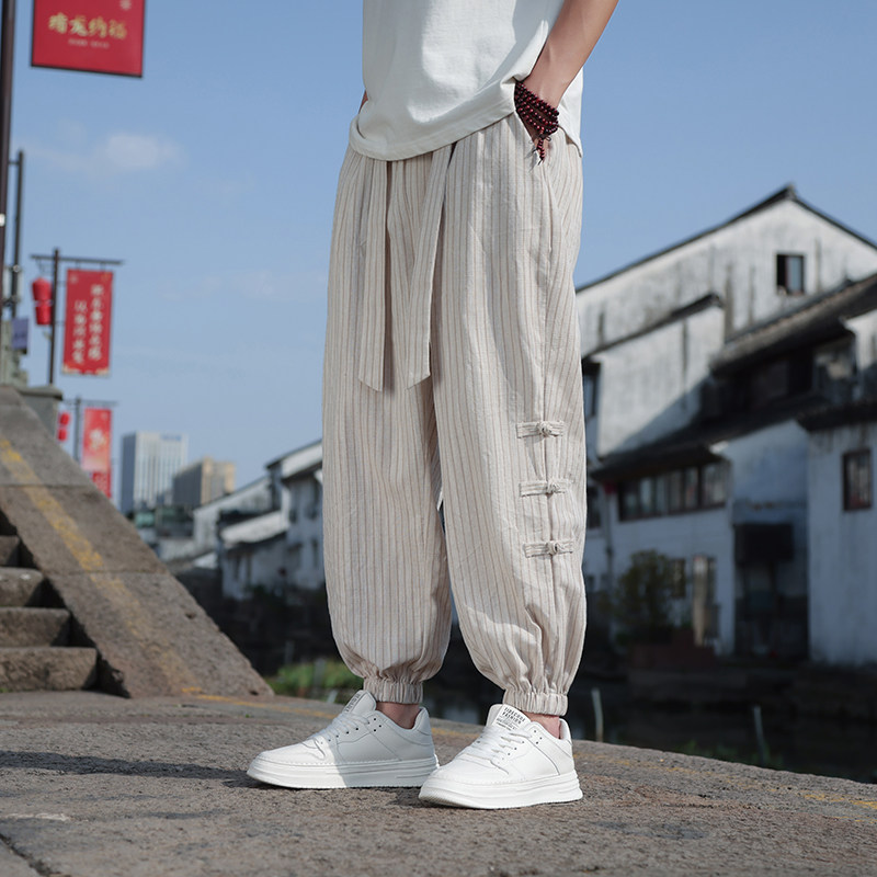 新中式夏季亚麻裤男风宽松薄款棉麻条纹束脚裤712-5-K910-P65图片