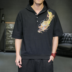 春夏季新款风棉麻七分袖连帽T恤宽松打底衫XZ712-5-TX989-P50图片