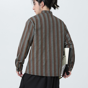 新中式长袖衬衫少数民族大码风条纹立领衬衣1112-5-CS610-P65图片