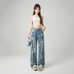 女装牛仔裤时尚印花百搭美式阔腿休闲宽松拖地长裤712-5-578-P65图片