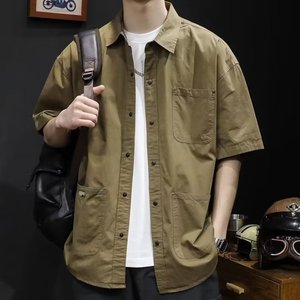 网络图工装短袖衬衫男春夏季休闲纯色衬衣短袖衬衫712-5-322-P40图片