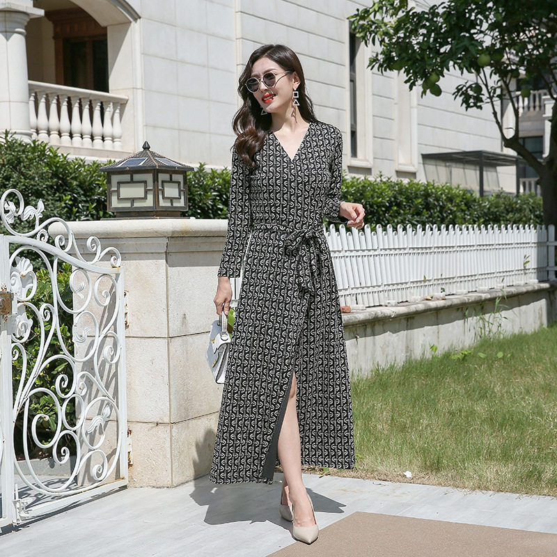 现货速发-高端新品欧律服装春秋新款欧美风长款连衣裙V领系带长袖