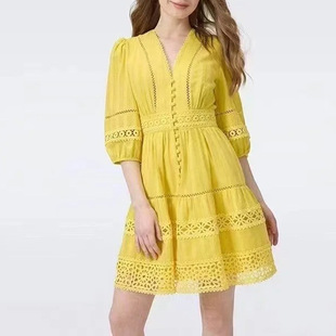 纯棉V领蕾丝拼接优雅甜美茶歇 pgdvf26夏新款 M家同款 高端女装