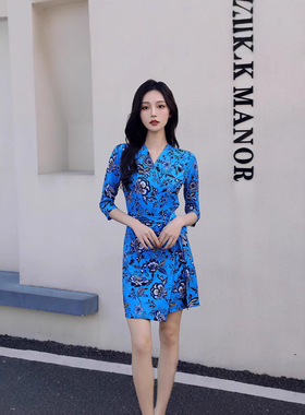 现货-高端新品气质高腰黑蓝色无领短裙绑带修身连衣裙FX DVF25