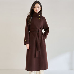 高端新品25冬季 继承者大衣绵羊毛立领系带双面呢复古中长款毛呢