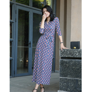 DVF印花裹身裙DVF 名媛气质连衣裙V领系带收腰长裙PG 高端新品 韩版