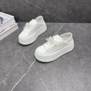 贝壳头真皮小白鞋 女2025春夏厚底增高珍珠蝴蝶结牛皮休闲运动板鞋