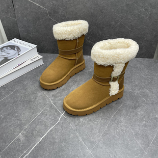 皮毛一体加厚保暖雪地靴女2025年冬季 皮带扣圆头套筒羊毛棉靴 新款