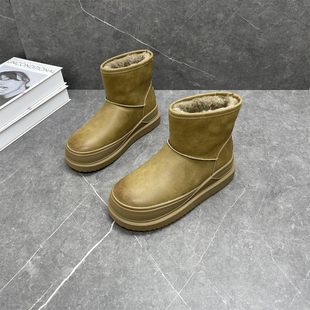 诺曼町真皮厚底雪地靴女2025冬新款 加绒加厚保暖复古防滑防水棉靴