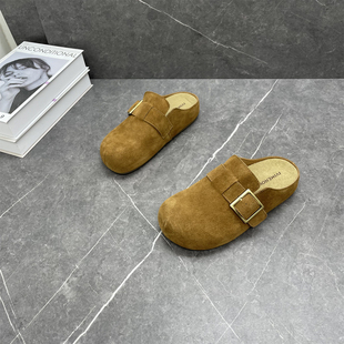厚底懒人外穿磨砂牛皮懒人休闲半拖鞋 真皮包头勃肯鞋 女2026春新款