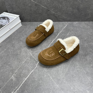 复古百搭懒人一脚蹬休闲豆豆鞋 新款 女2025冬季 羊毛保暖真皮勃肯鞋