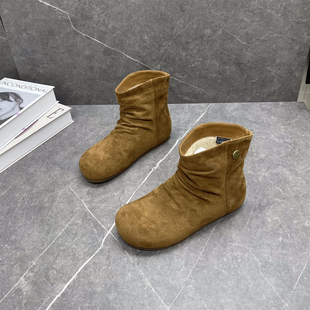 复古美拉德绒面褶皱堆堆靴女2025冬季 加绒保暖勃肯短靴潮棉靴 新款