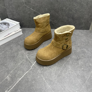 真皮松糕底搭扣加绒羊毛两穿棉鞋 小个子厚底雪地靴女2025冬季 新款