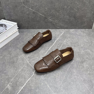 真皮流苏复古布洛克女鞋2025秋新款方头百搭平底牛皮乐福鞋潮单鞋