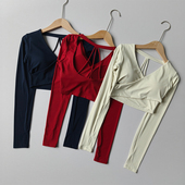 设计感V领长袖 交叉运动T恤女短款 露脐上衣显瘦露背普拉提瑜伽服女