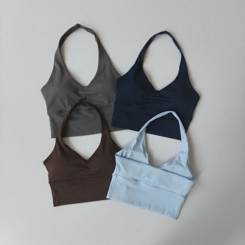 挂脖V领聚拢收副乳运动内衣女美背瑜伽服背心普拉提训练健身文胸