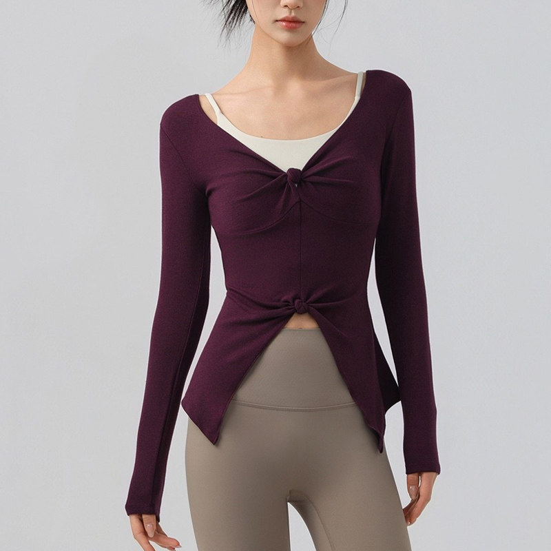 V领瑜伽服长袖女双扭结修身跑步运动T恤速干衣健身普拉提上衣罩衫,运动服/休闲服装,运动T恤,淘宝优惠券,粉丝福利购,淘宝优惠卷