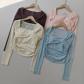 高级感假两件网纱瑜伽服长袖 带胸垫运动上衣跑步健身普拉提健身服