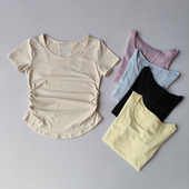 运动短袖 褶皱收腰健身训练上衣网纱拼接透气速干瑜伽服T恤 女夏季