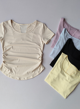 运动短袖女夏季褶皱收腰健身训练上衣网纱拼接透气速干瑜伽服T恤