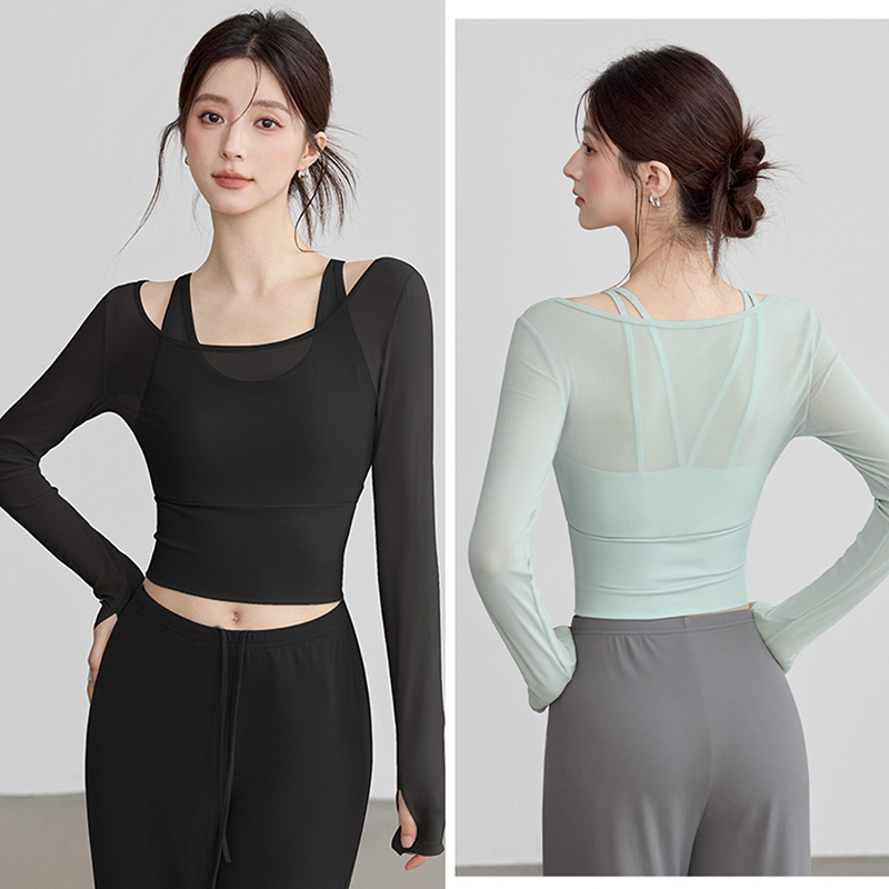 秋冬季网纱假两件瑜伽服长袖训练