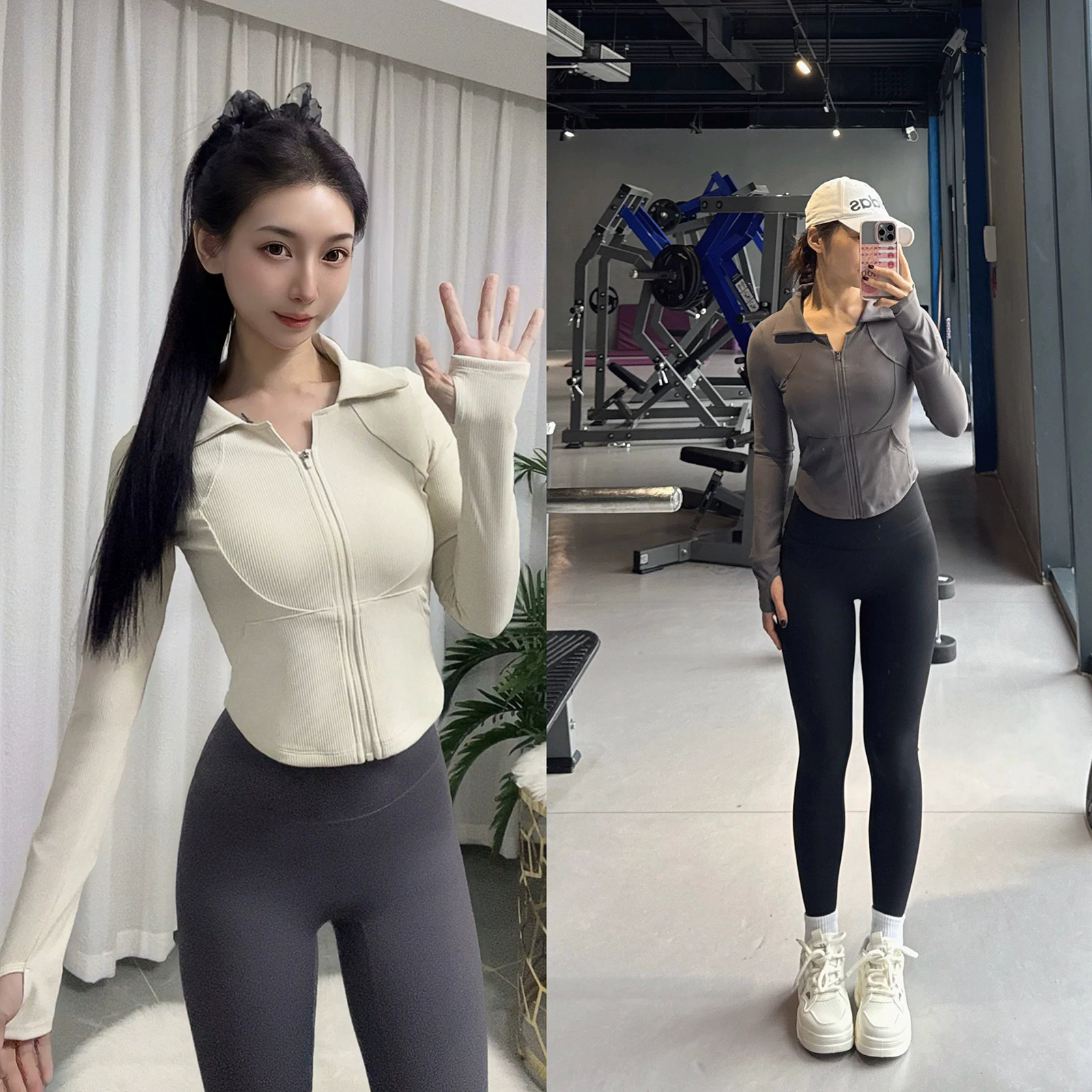 翻领运动外套瑜伽服长袖女秋冬跑步骑行服普拉提训练显瘦健身上衣