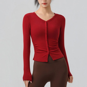 女跑步健身衣训练普拉提瑜伽服上衣罩衫 V领带扣修身 显瘦运动长袖