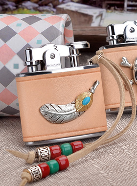 日本Ronson朗森煤油打火机 纯银羽毛植鞣牛皮款砂轮防风 男友礼物