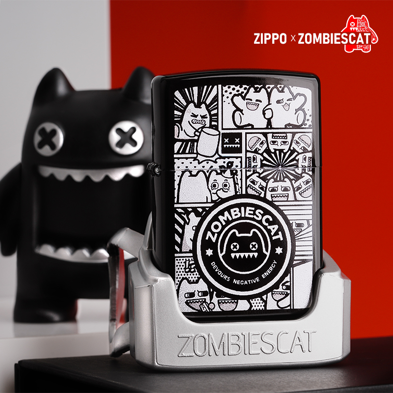 正品zippo打火机魔鬼猫联名纯铜黑漆烫银玩偶礼盒套装男友收藏品