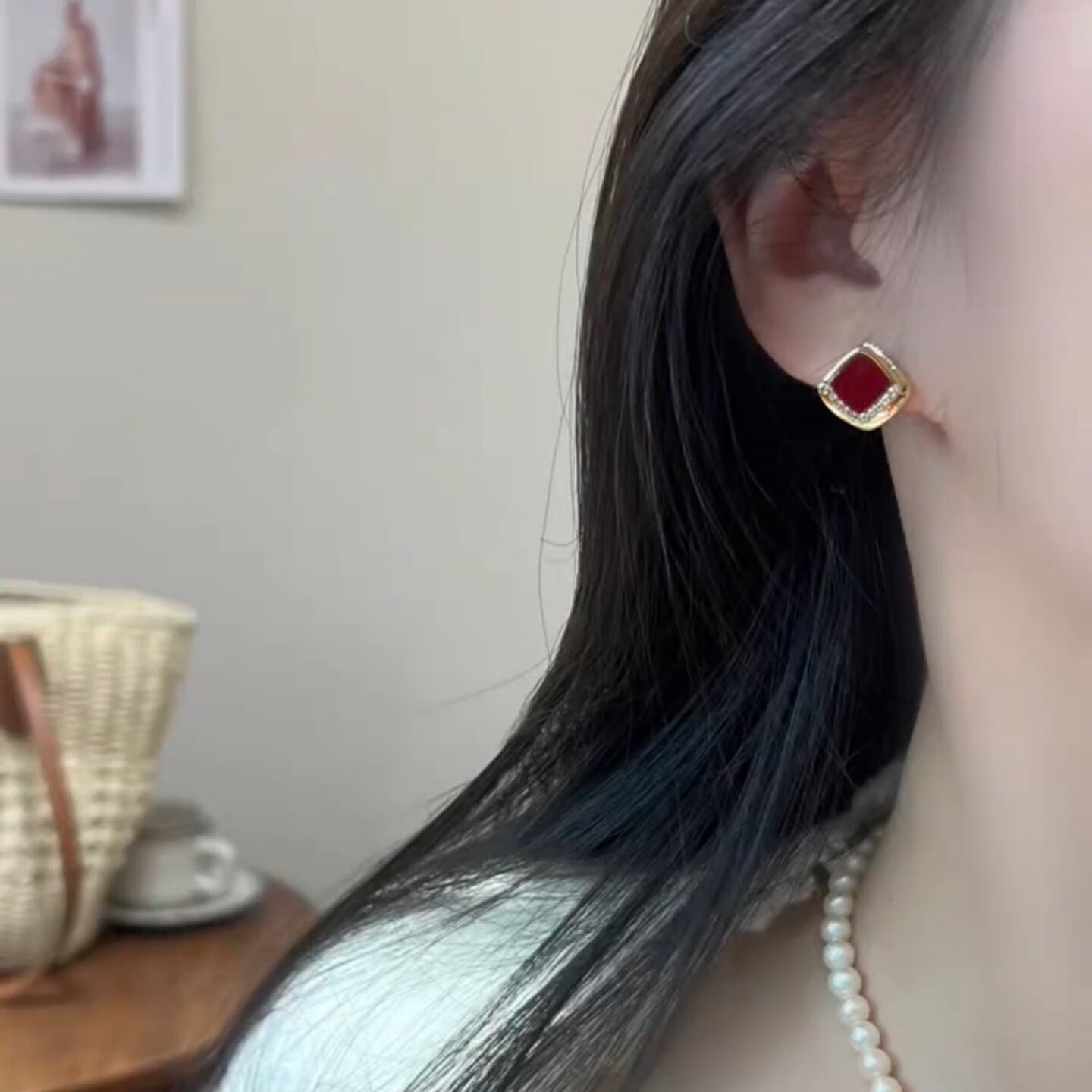 秋冬红色几何方形镶钻耳钉女