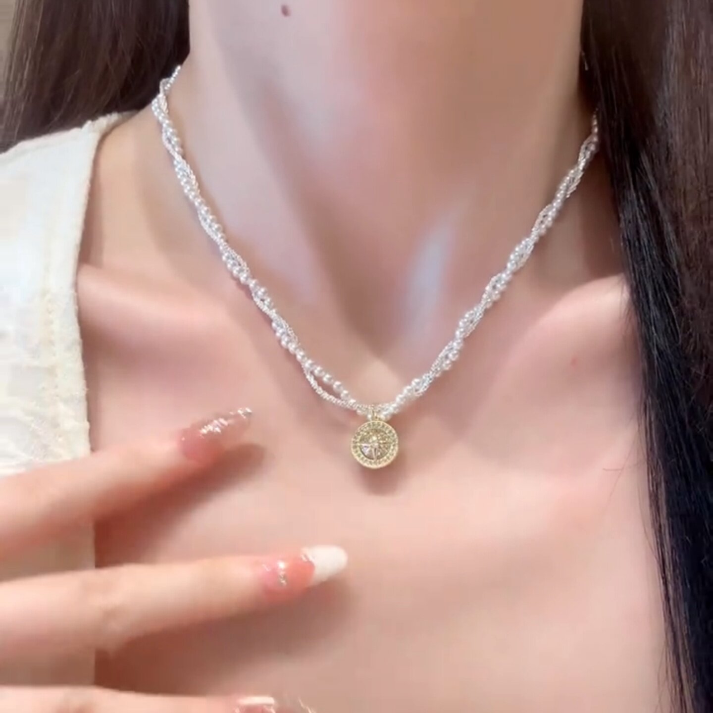 双层叠戴八宝罗盘珍珠八芒星项链