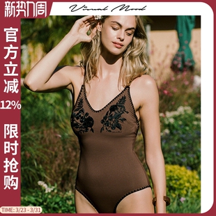 visual mood连体泳衣复古棕黑盘花刺绣高级显瘦泡温泉度假游泳装