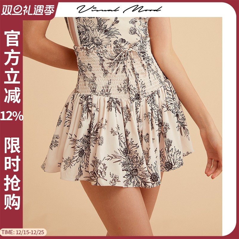visualmood高腰褶皱半身裙裤女