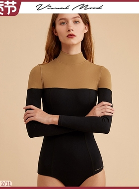 visual mood法式小众泡温泉泳衣女复古显瘦长袖黑色冲浪连体泳装