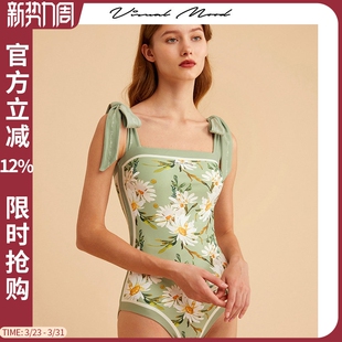 高端复古双面印花连体泡温泉泳装 visual mood泳衣女遮肚显瘦新款