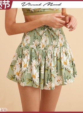 visual mood复古小众时尚修身显瘦高腰绿印花褶皱半身裙裤泳衣女