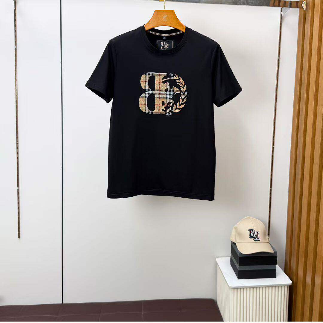 比华利保罗男士黑色圆领短袖T恤夏季棉质logo刺绣时尚上衣