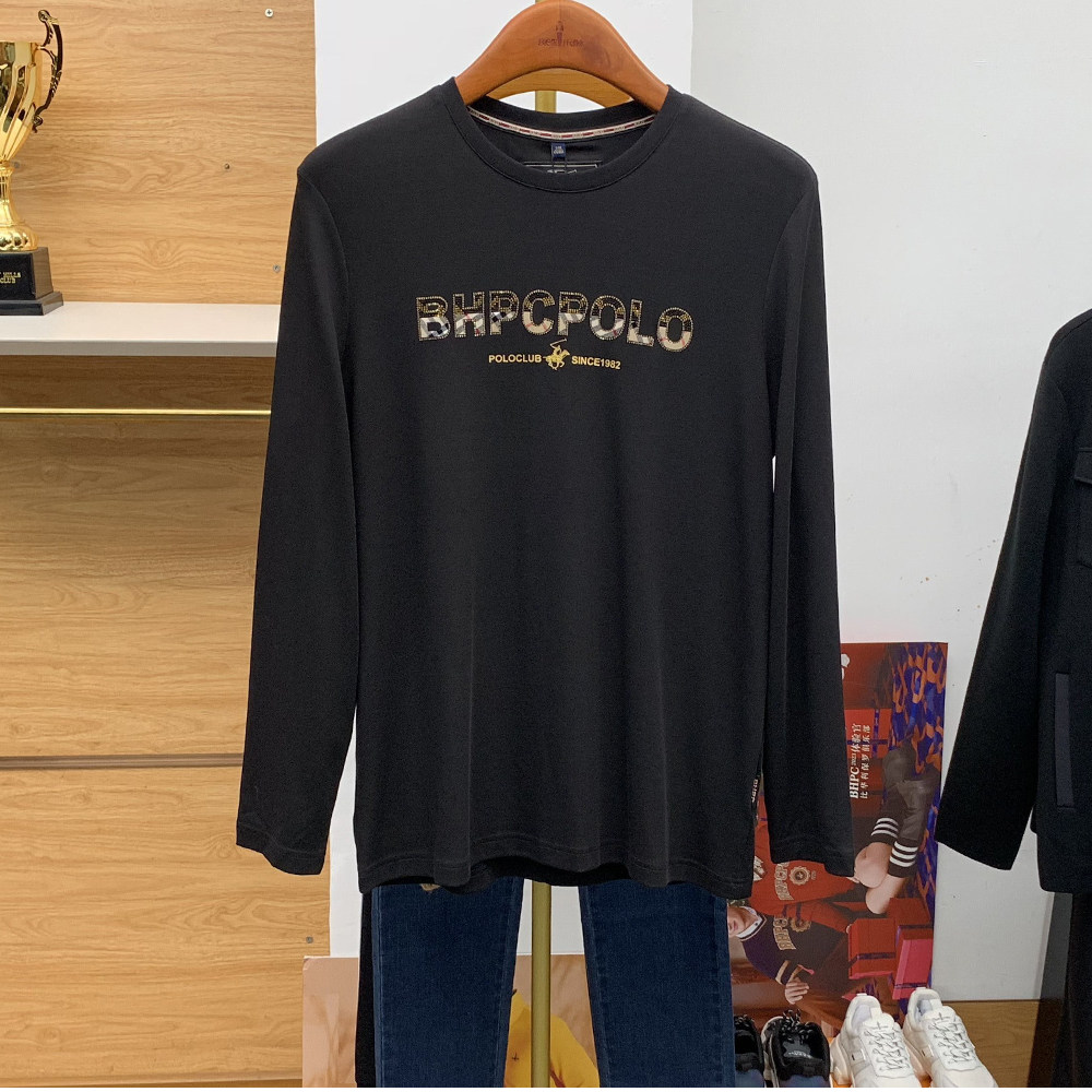 【专柜同款】比华利保罗男士黑色圆领长袖T恤秋季时尚打底衫