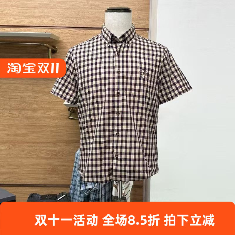 比华利保罗男士夏季短袖格子衬衫衬衫