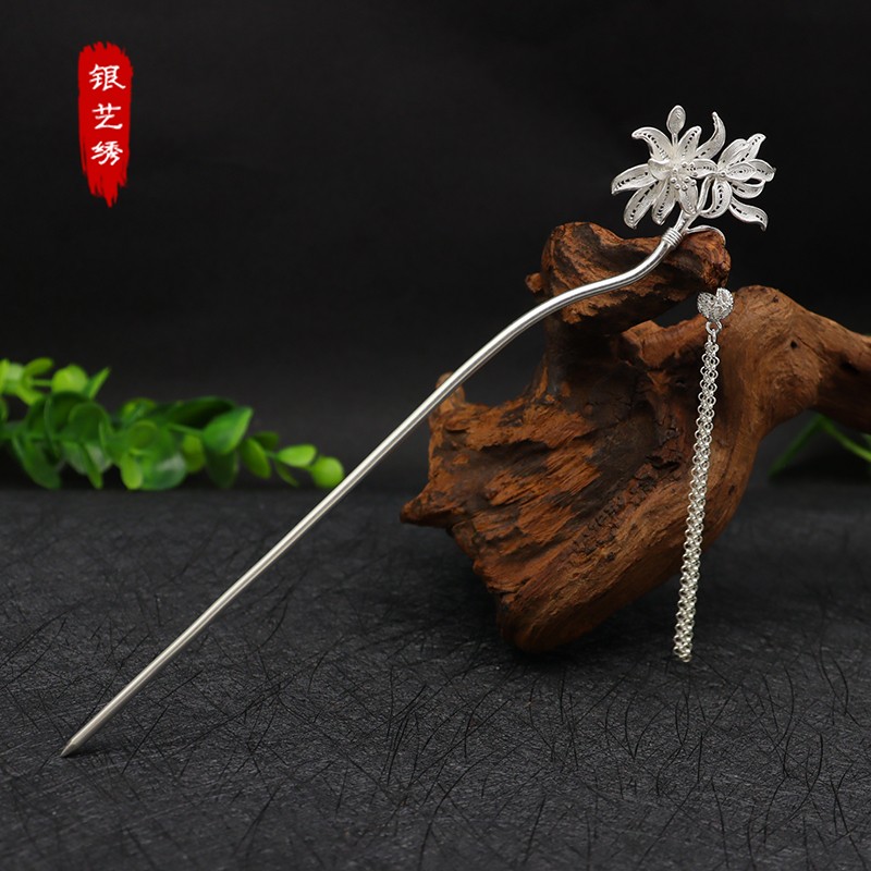 999纯银新款百合花发簪古风盘发头饰旗袍汉服国风发饰送女友礼物